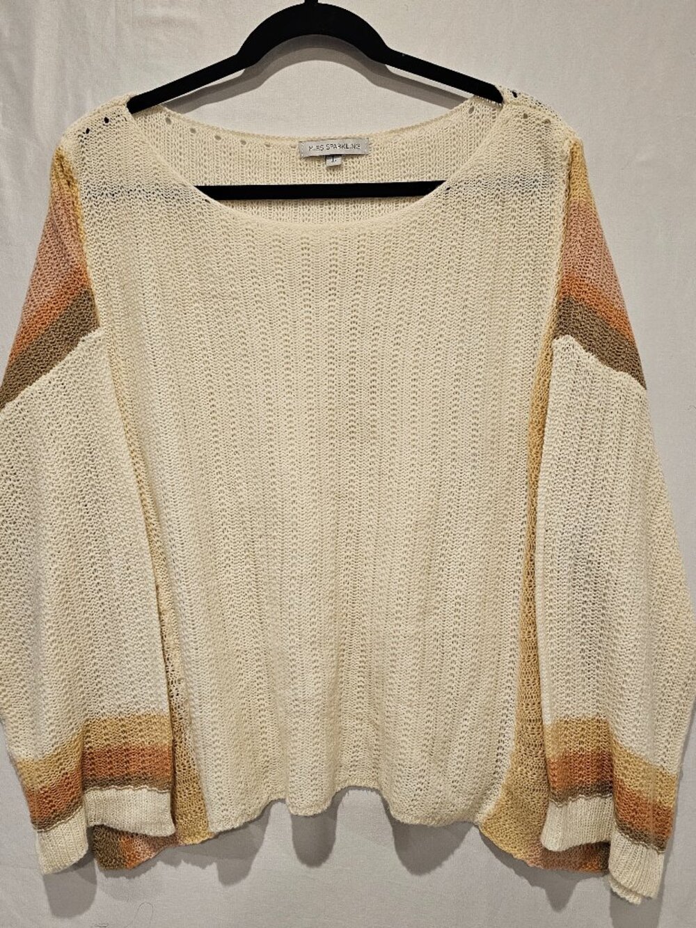 Miss Sparkling Women's L Cream Knit Sweater Colorblock Striped Long Sleeve Boho